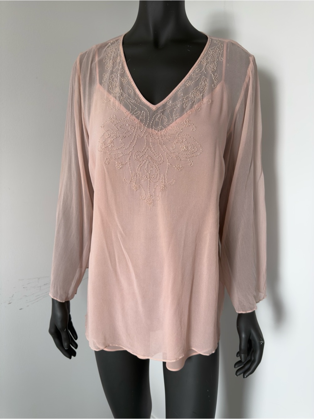 135. VTG Silk Beaded Light Pink Sheer Blouse with Subtle Pattern